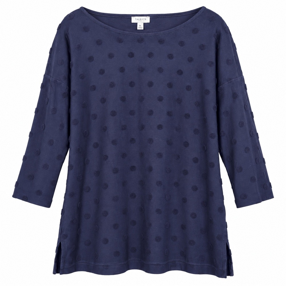 Talbots XL Navy Blue Textured Polka Dot Tunic Top 3/4 Sleeve Coastal Preppy